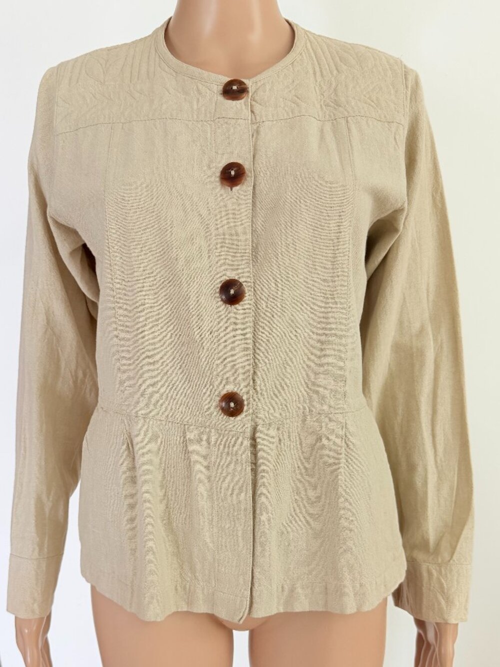 Tibetan Trader Jacket Womens Medium Beige 100% Cotton Tie Waist Nepal Boho